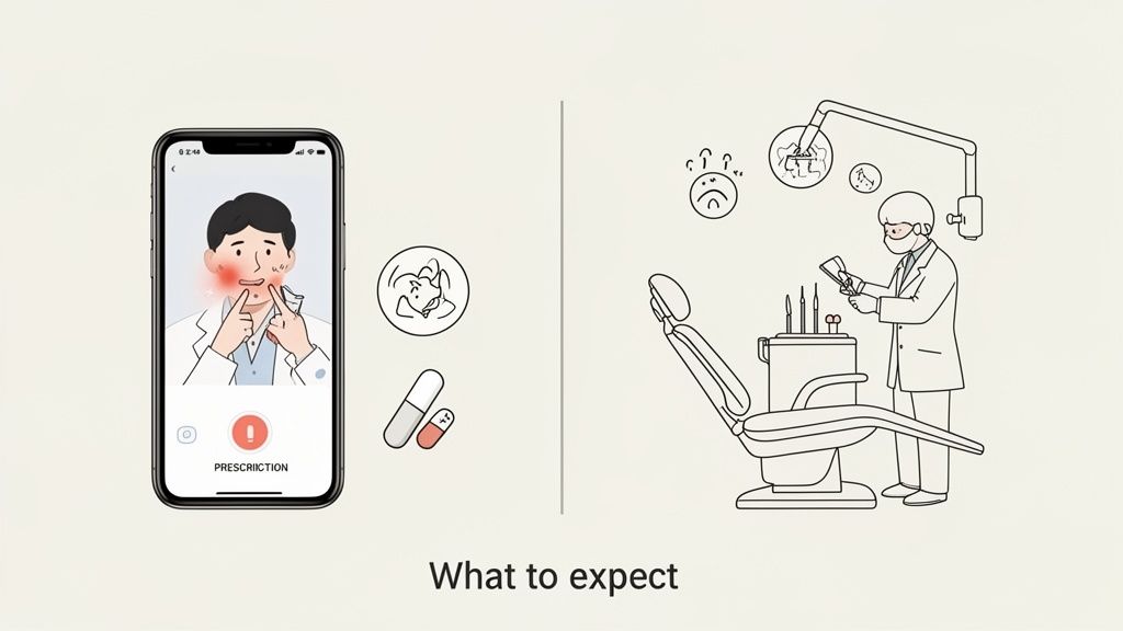 Illustration showing modern and traditional options for tooth pain relief, from app prescriptions to dentist visits.