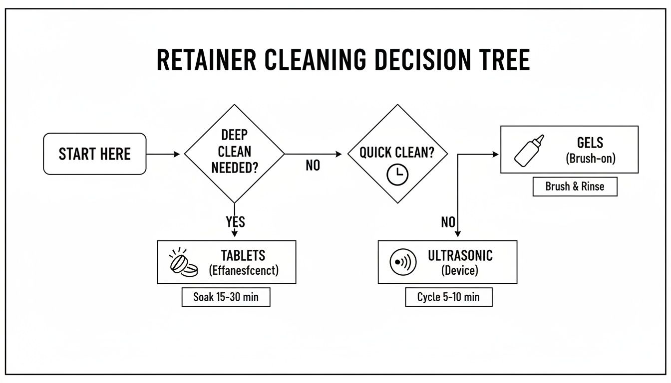 A flowchart titled 'Retainer Cleaning Decision Tree' showing different cleaning methods.