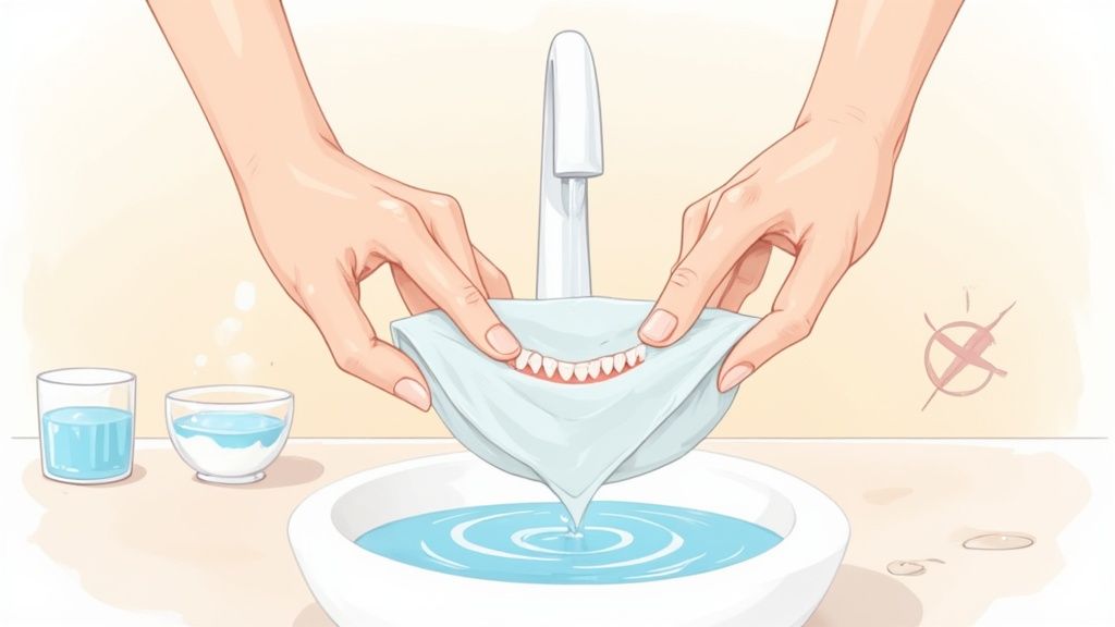 Dentures soaking in a glass of water