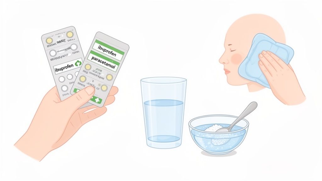 Various pain relief methods: medication, a glass of water, a salt rinse, and a cold compress.