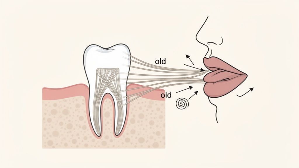 Illustration of a tooth and mouth connected by lines labeled 'old', suggesting age-related dental and facial changes.