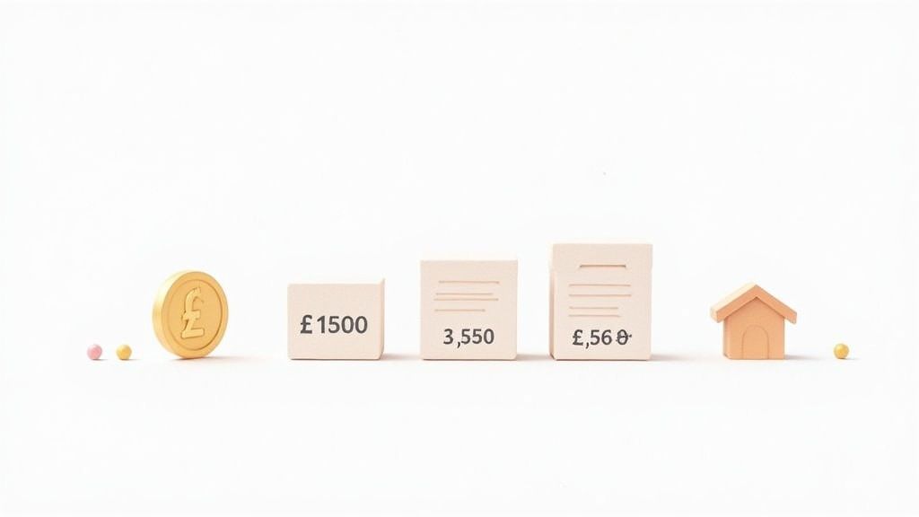 A gold pound coin, three financial blocks with numbers, and a small house icon.