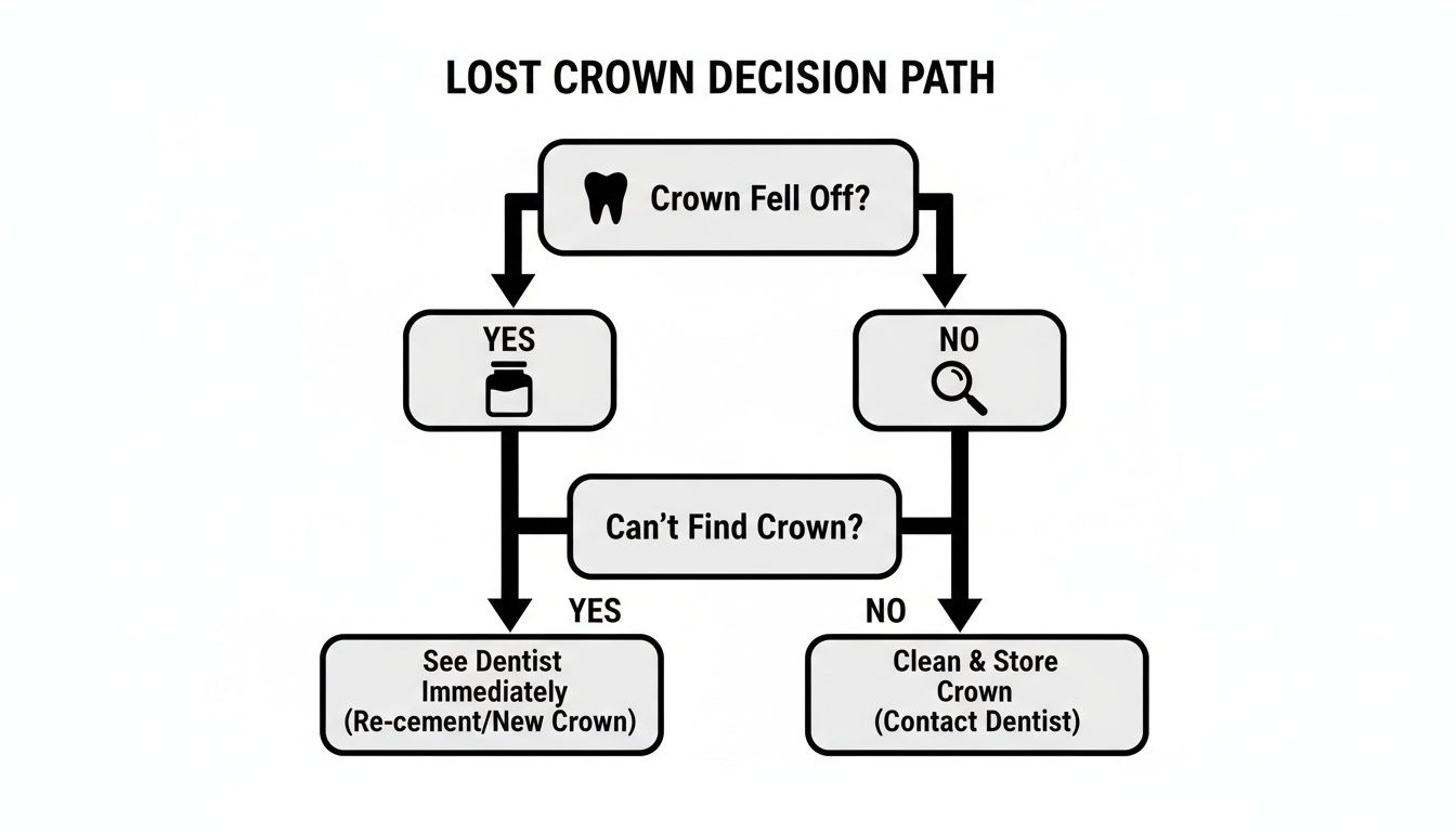 Flowchart outlining decisions for a lost dental crown, depending on if it fell off and whether it can be found.