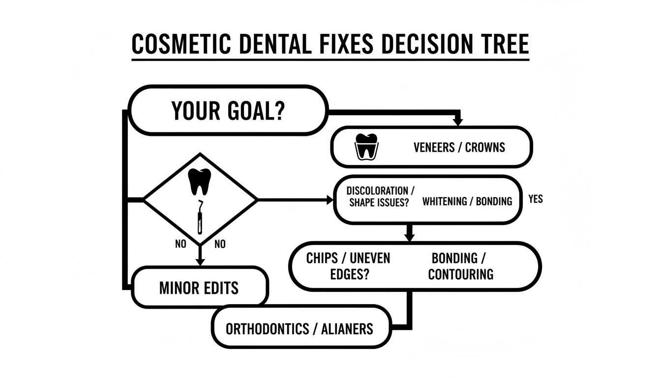 A decision tree diagram outlining various cosmetic dental fixes for issues like discoloration, chips, and crooked teeth.