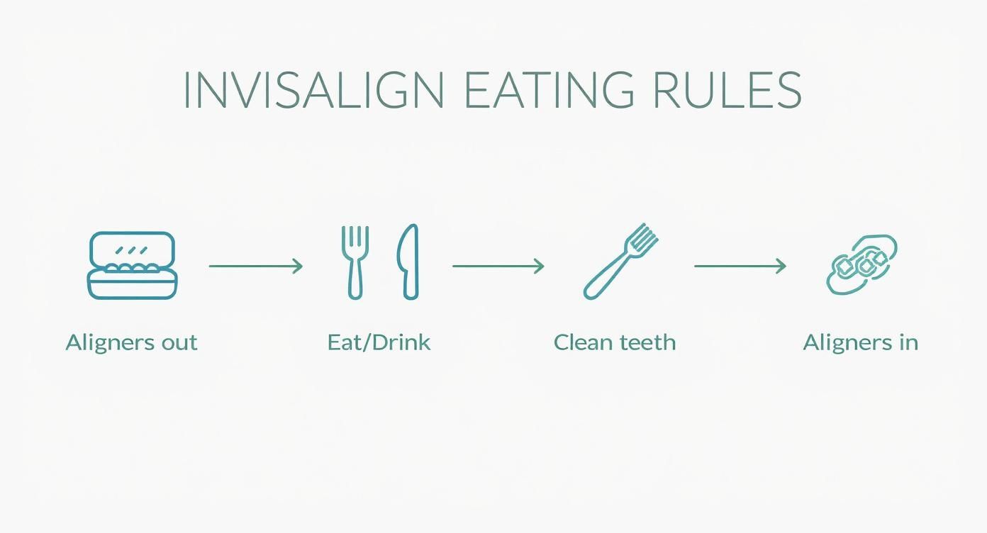 Flowchart illustrating the Invisalign eating rules: aligners out, eat/drink, clean teeth, then aligners in.