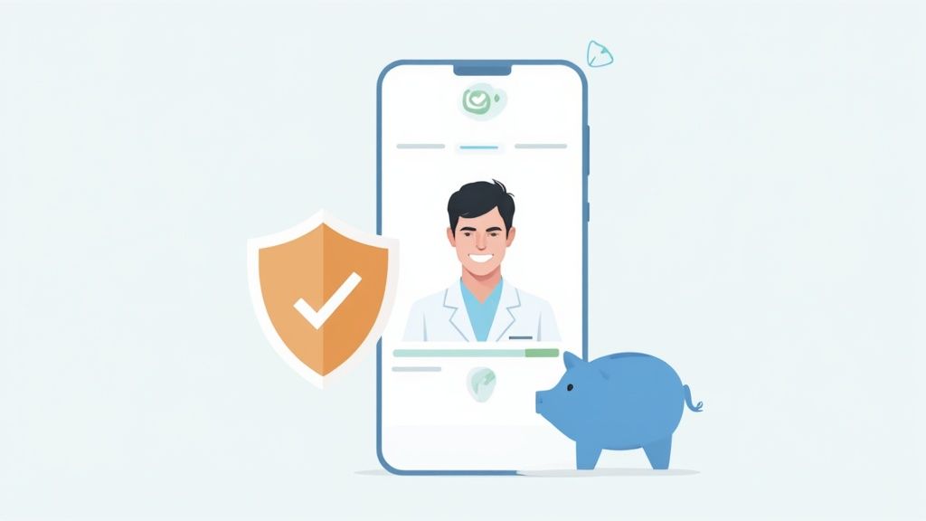 Mobile app with a smiling doctor profile, security shield, and blue piggy bank for healthcare.