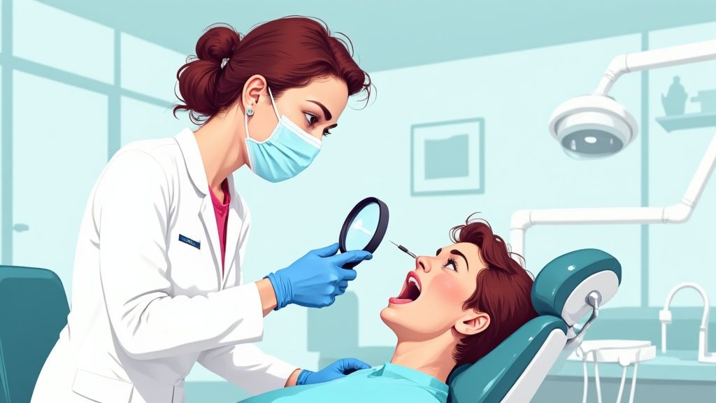 A dentist using specialised tools to check a patient's gums and teeth.