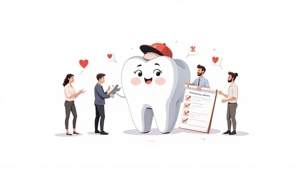 A cartoon tooth with a red cap is surrounded by people, one holding a wrench and another a checklist, symbolizing dental care.