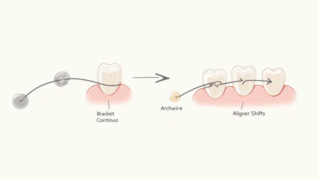 Orthodontic diagram comparing tooth movement with traditional brackets and archwires versus modern aligner shifts.