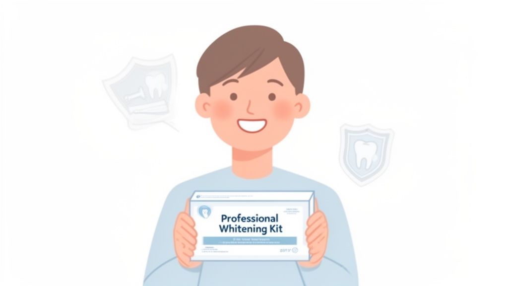 A smiling cartoon man holds a white box labeled "Professional Whitening Kit" with dental icons.