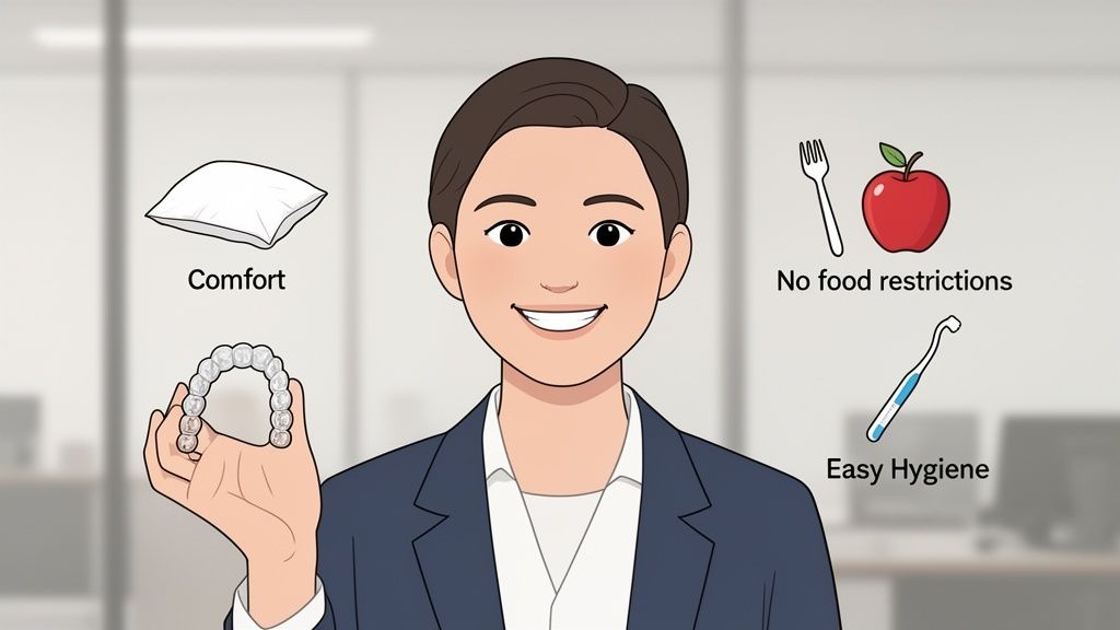 Smiling cartoon person presenting clear aligner benefits: comfort, no food restrictions, and easy hygiene.