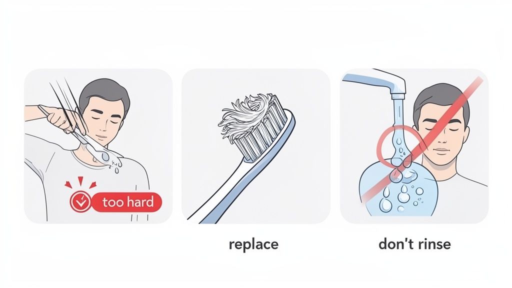 Dental hygiene tips: avoid brushing too hard, replace frayed toothbrushes, and do not rinse immediately after brushing.