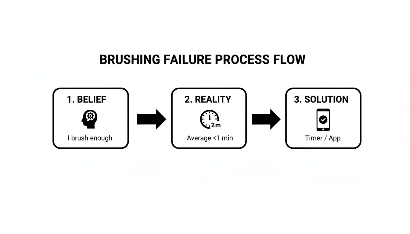 Flowchart showing brushing failure process: belief vs. reality, with timer/app solution.
