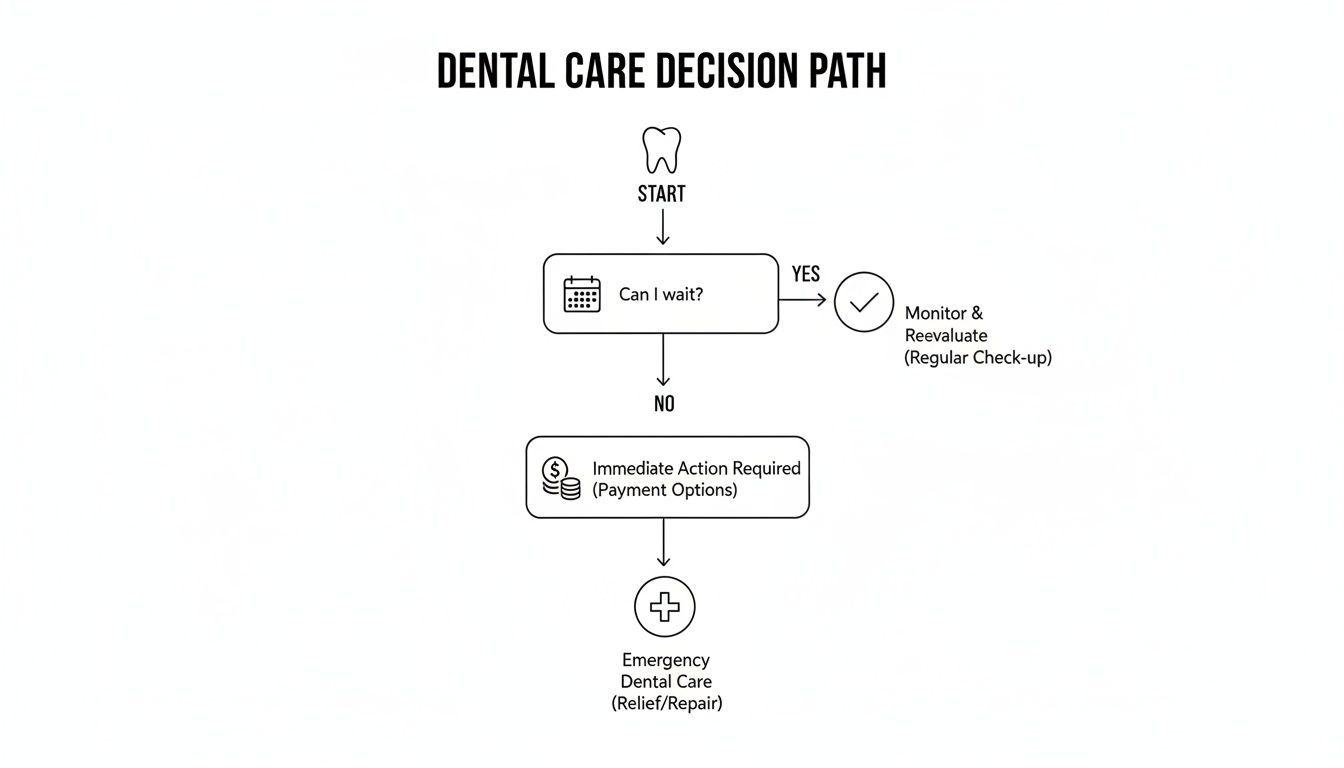 A flowchart illustrating the dental care decision path, from initial assessment to emergency treatment or regular check-ups.