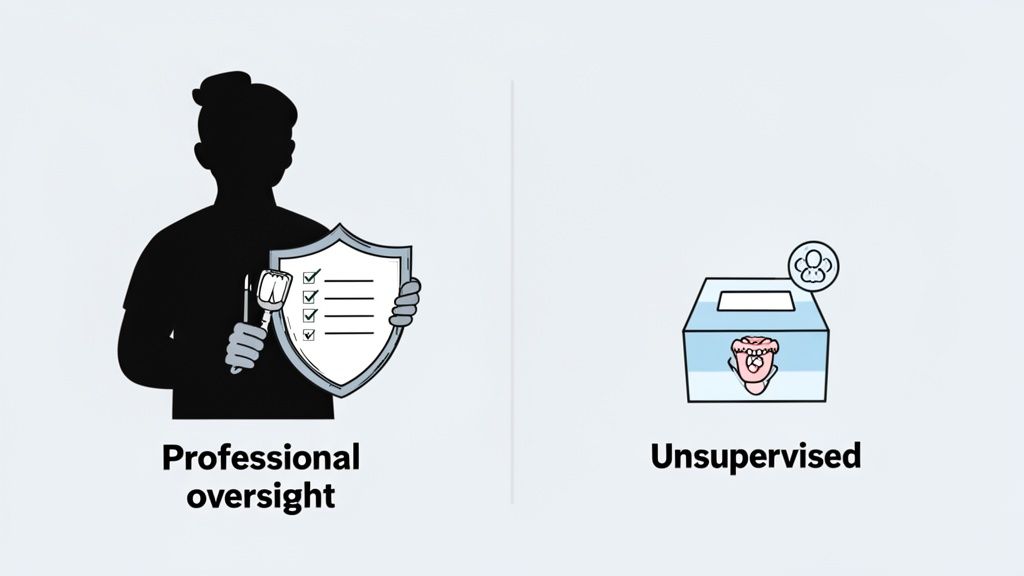 Illustration comparing professional oversight with a checklist and an unsupervised box containing dental items.