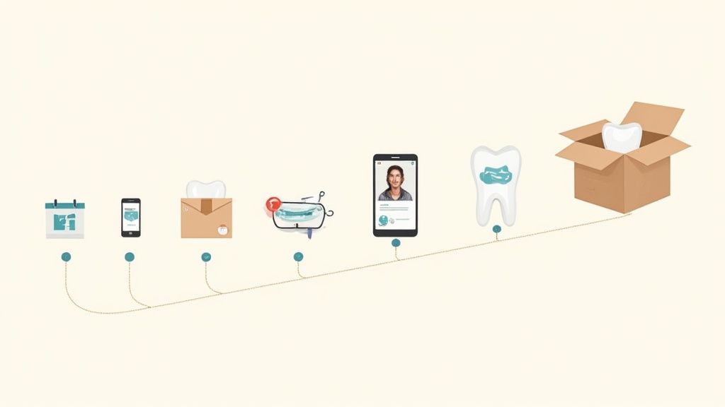 A woman smiling while looking at her phone, representing modern dental care pathways.