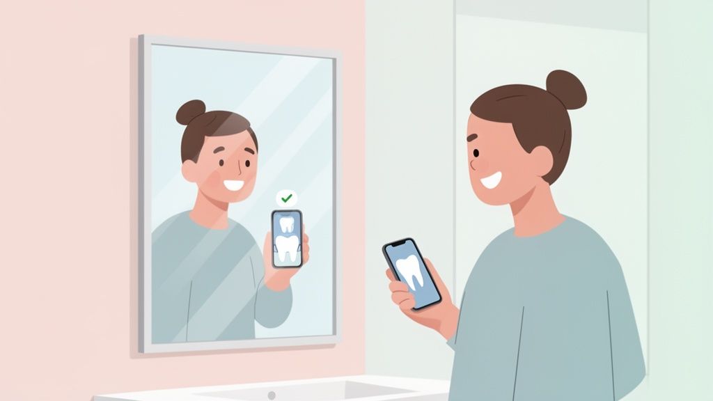 An illustration of a person holding a phone with a tooth icon, checking their dental health in a mirror.