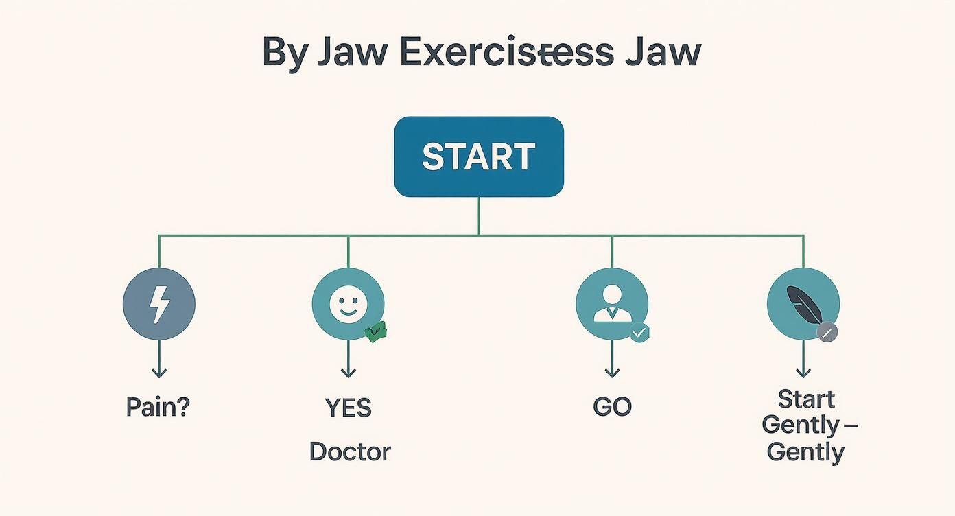 Infographic decision tree on the safety of jaw exercises, showing a path for users with and without pain.