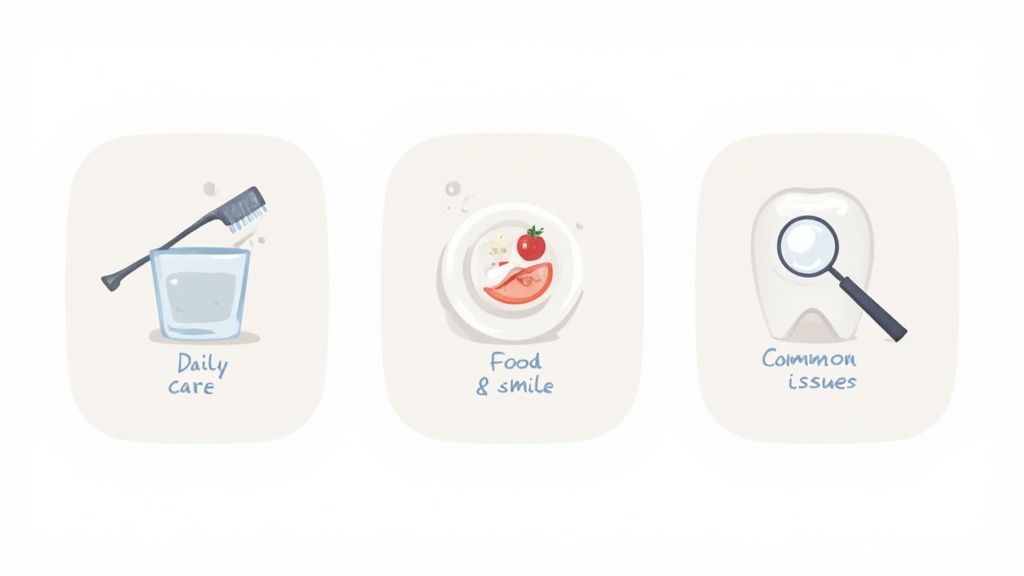 Three illustrated icons representing daily dental care, food's impact on smiles, and common oral health issues.