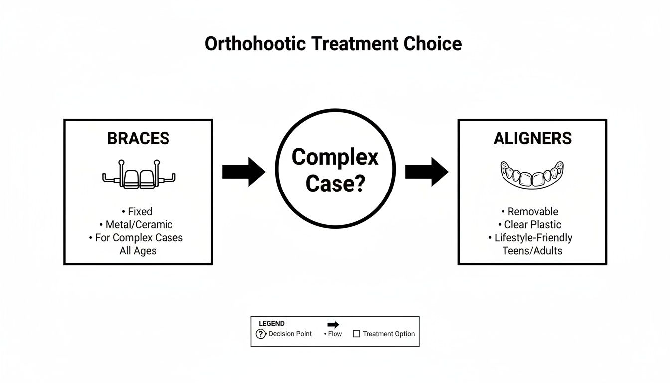 Flowchart comparing orthodontic treatment choices: braces vs. aligners, based on case complexity and features.