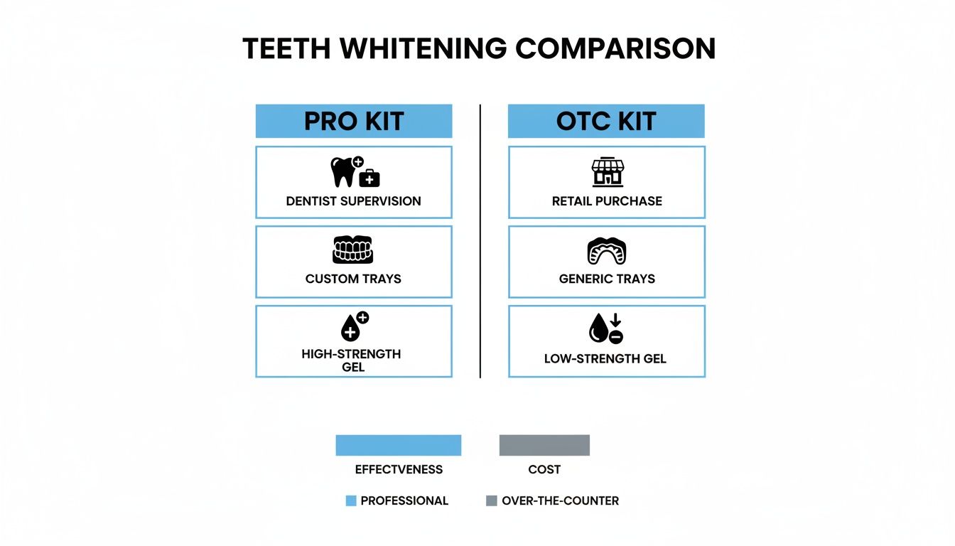 Infographic comparing features of professional (Pro Kit) and over-the-counter (OTC Kit) teeth whitening solutions.
