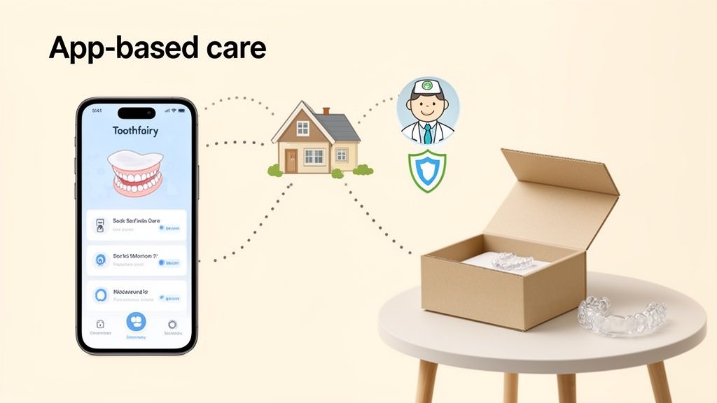 App-based dental care system with a smartphone, dentist, and clear aligners delivered to home.