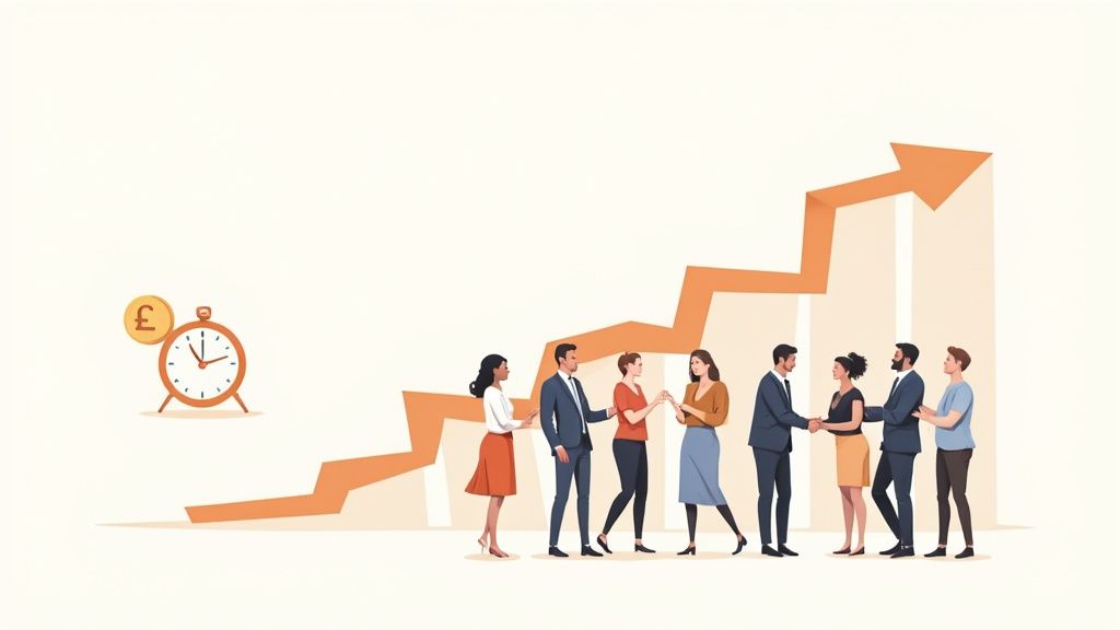 A group of engaged employees collaborating in a modern office space, illustrating a positive work environment.