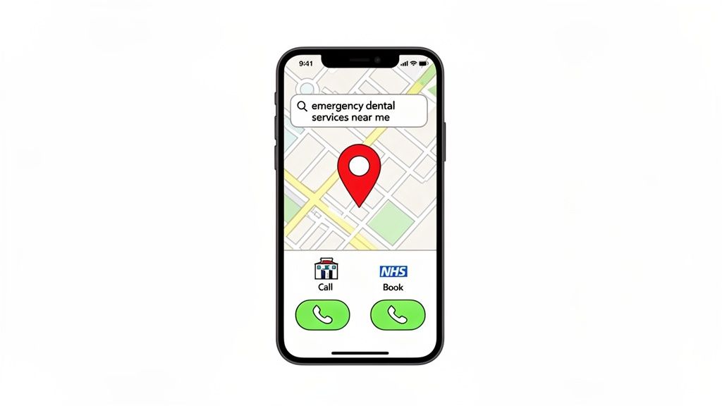 A smartphone displaying a map with a red location pin for emergency dental services and call/book options.
