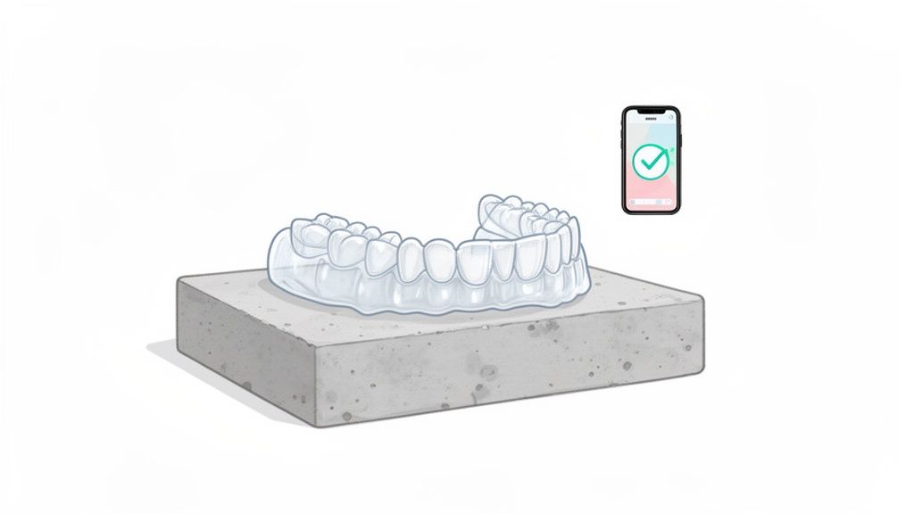 A clear removable orthodontic retainer rests on a grey block, with a smartphone displaying a green checkmark nearby.