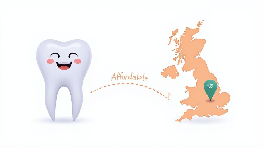 Happy tooth cartoon character with dotted line pointing to UK map showing affordable orthodontic location