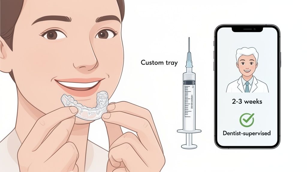 Illustration of teeth whitening process with custom tray, syringe, and dentist supervision for 2-3 weeks.