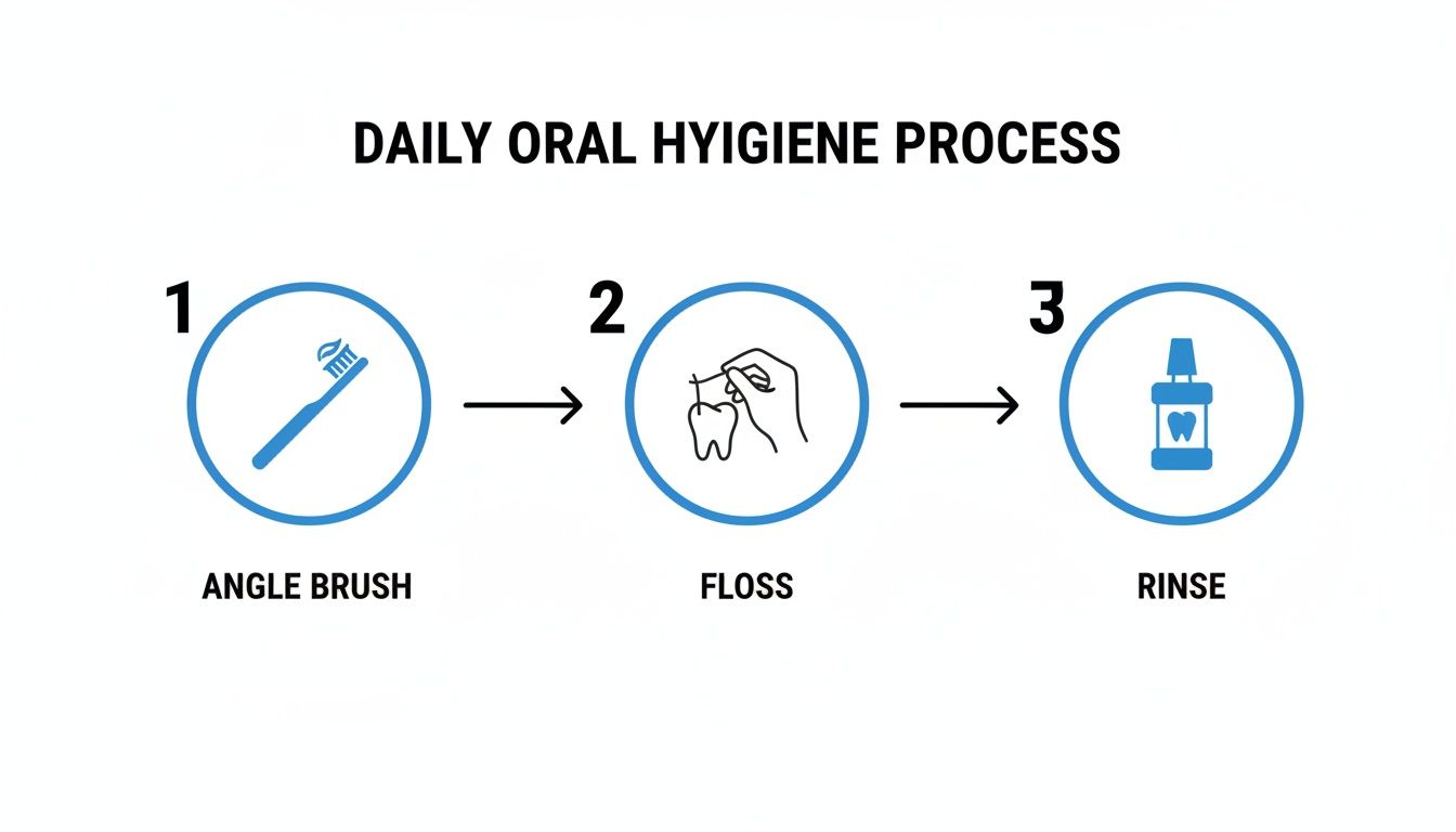 An infographic showing the daily oral hygiene process: brushing, flossing, and rinsing steps.