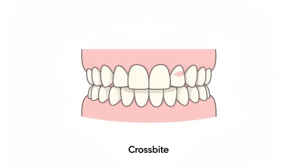 Illustration of a dental crossbite, where one upper tooth incorrectly bites inside the lower arch.