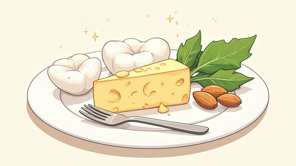 A colourful array of enamel-friendly foods like cheese, leafy greens, and nuts