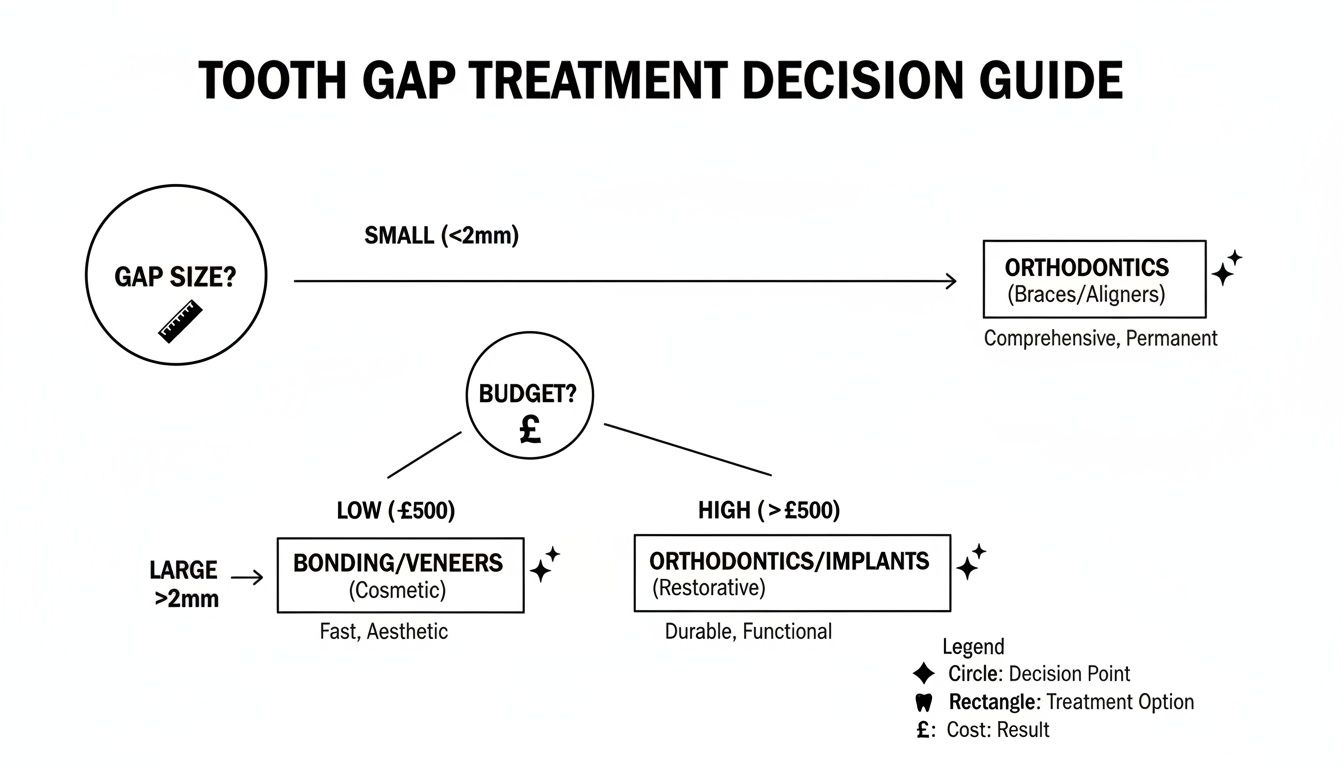 A flowchart guiding tooth gap treatment decisions based on gap size (small/large) and budget (low/high).
