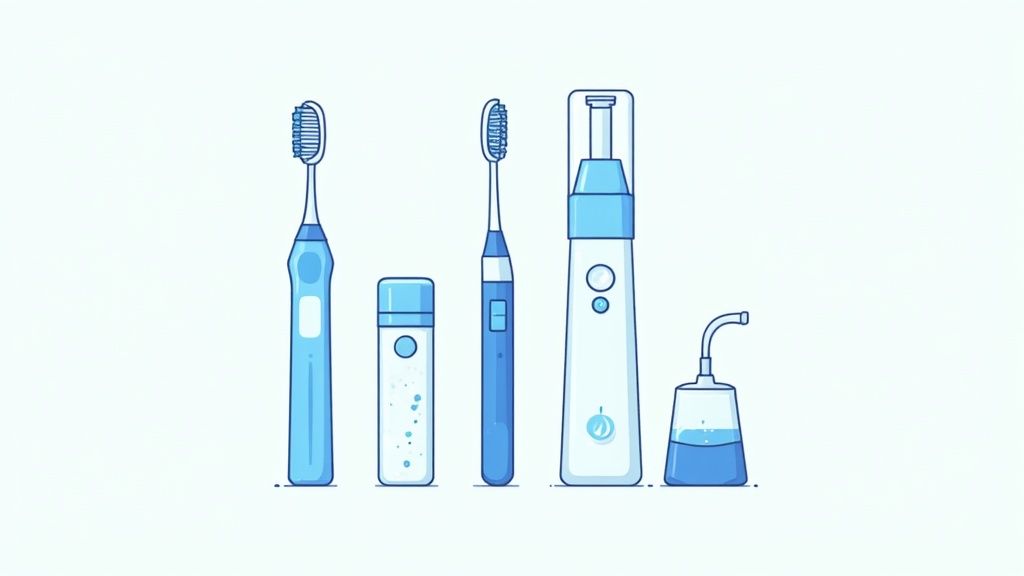 A collection of oral hygiene tools including a toothbrush, floss, and toothpaste on a clean surface
