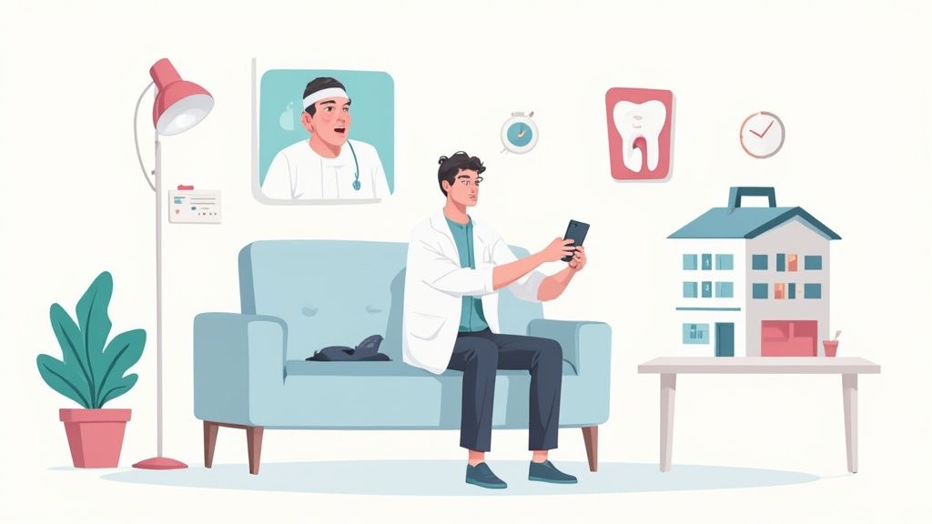A doctor uses a smartphone for a remote dental consultation with a patient experiencing tooth pain.