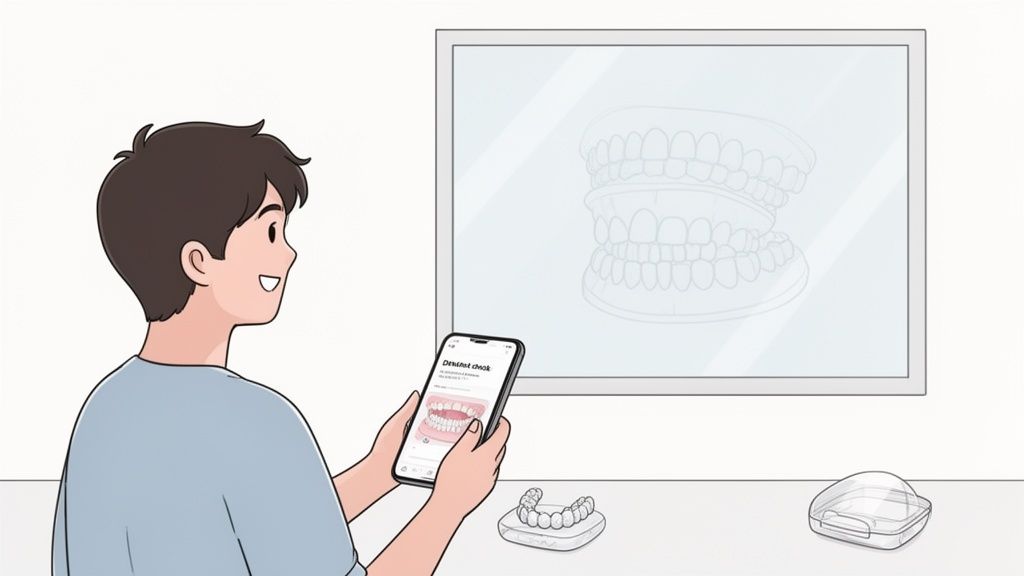 A person uses a smartphone app for a dental check, with clear aligners and a case on the table.