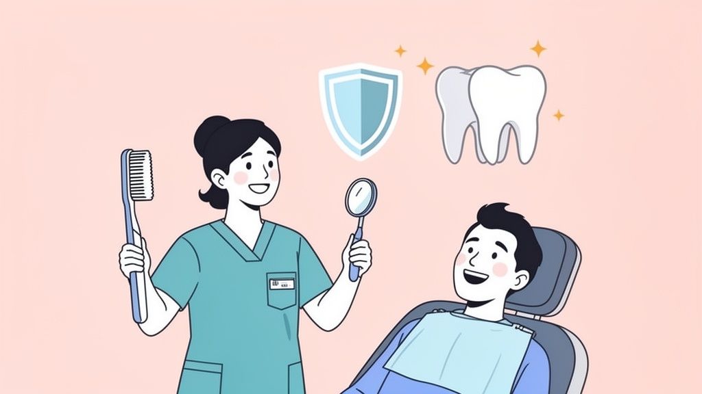 A dental hygienist demonstrates oral hygiene to a smiling patient in a dental chair, with symbols of protection and healthy teeth.