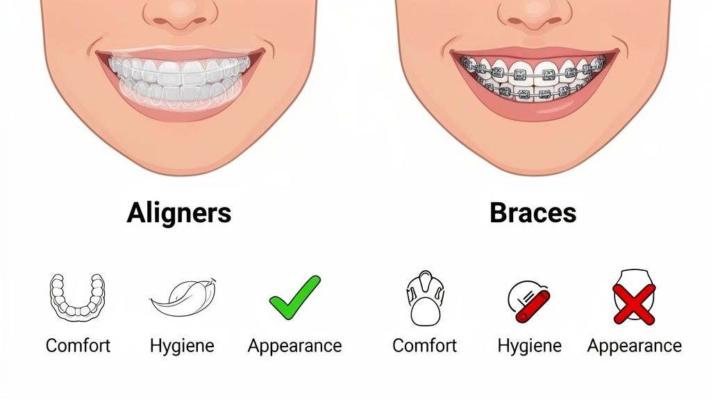 Comparison of clear dental aligners versus traditional metal braces on a smiling mouth, noting comfort, hygiene, and appearance.