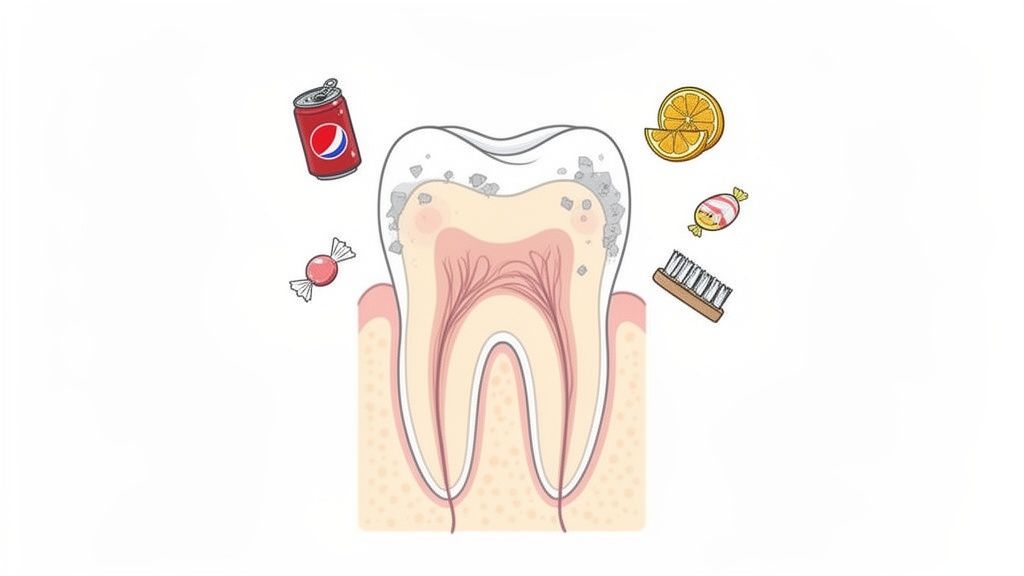 Illustration depicting a tooth with enamel erosion, surrounded by soda, candy, citrus, and a toothbrush.