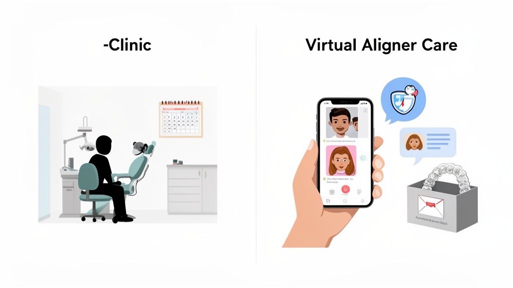 Illustrating traditional dental clinic appointments versus modern virtual aligner treatment management.