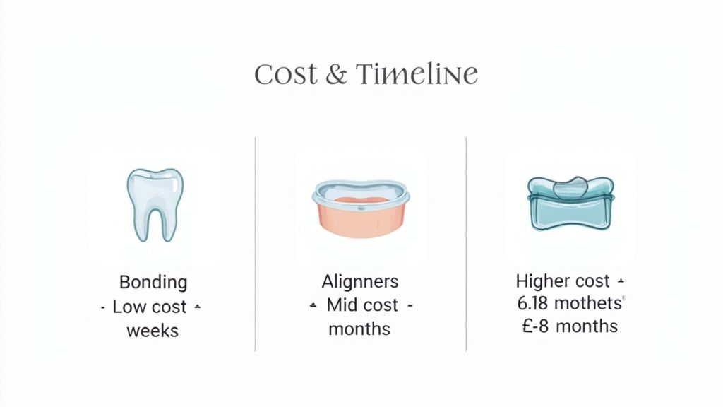 Comparison of dental treatments showing cost and timeline for bonding, aligners, and other options.