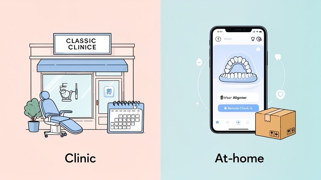 Illustration comparing traditional dental clinic visits with convenient at-home aligner treatment via a smartphone app.