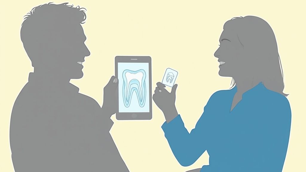 A dentist explaining teeth whitening options to a patient in a modern, clean clinic.