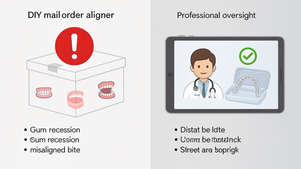 Comparison of DIY mail-order aligners showing dental issues versus professionally supervised clear aligners.