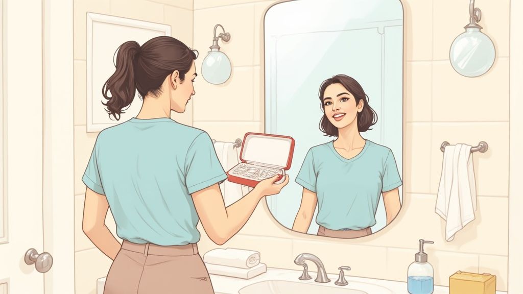 A woman in a bathroom holding an open jewelry box while looking at her smiling reflection in the mirror.