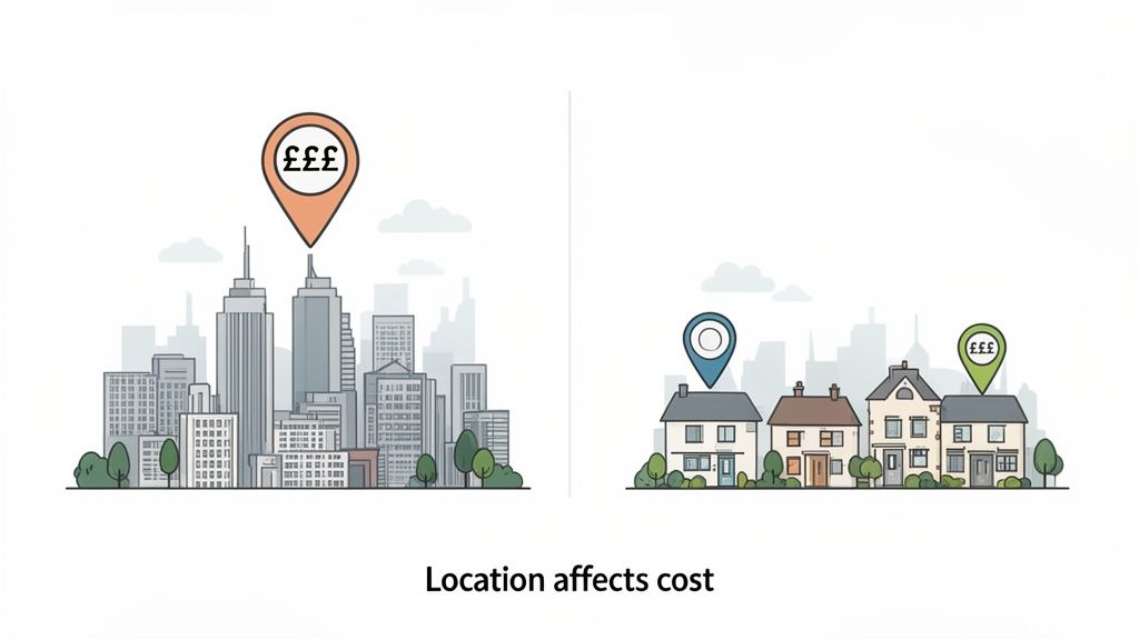 Illustration comparing high costs in a city with varying property costs in a suburban neighborhood, highlighting how location affects pricing.