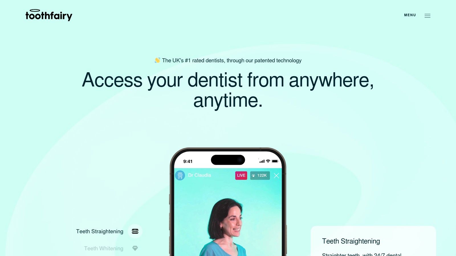 A dentist holds a smartphone displaying the Toothfairy app interface, showcasing a video consultation.
