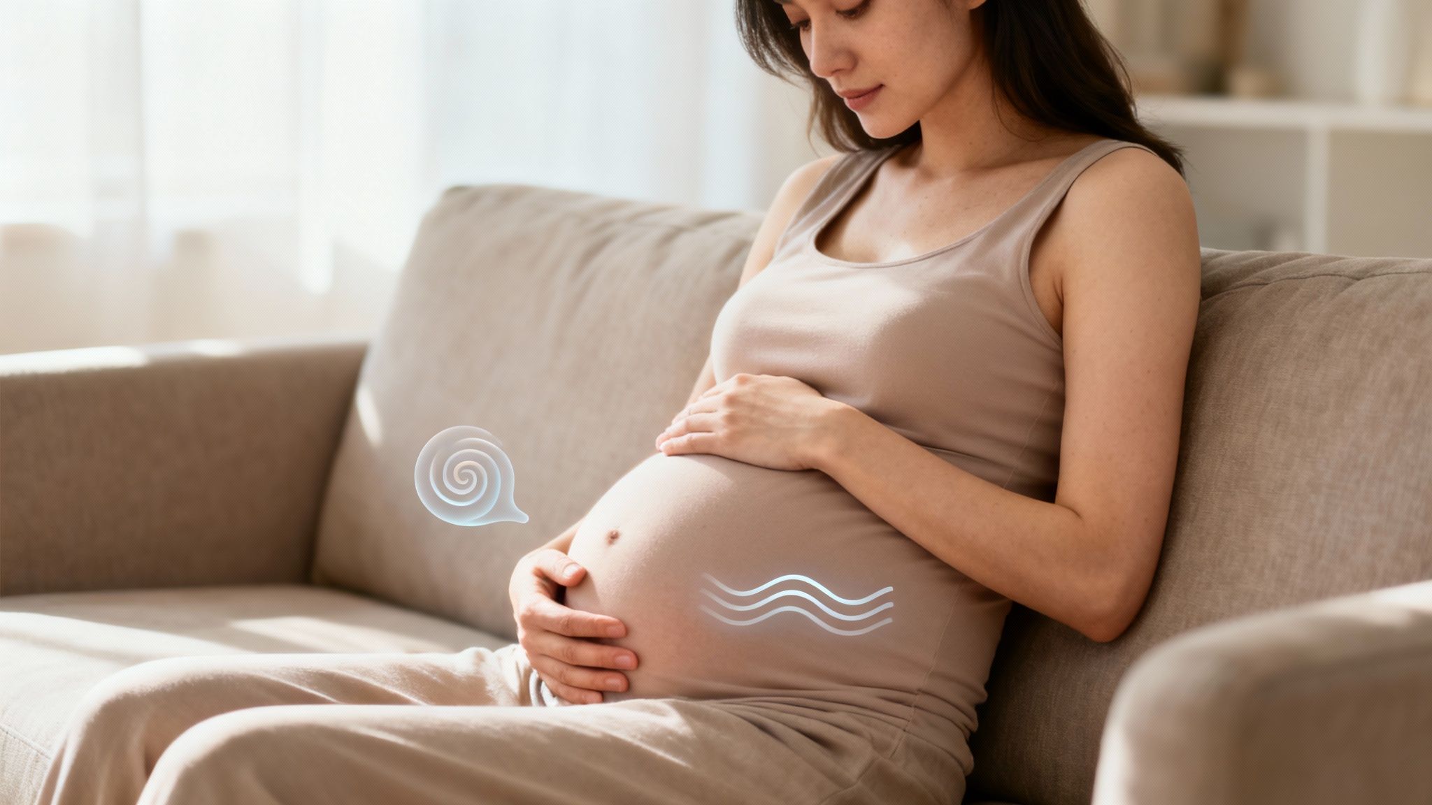 A pregnant woman sits on a beige couch, gently holding her belly, with faint graphic overlays.